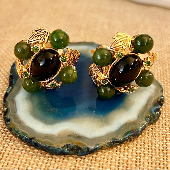 Vintage St. John Jade Beaded Gold-tone Clip-on Earrings